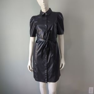 DKNY Black Puff Shoulder Faux Vegan Leather Shirt Dress 6